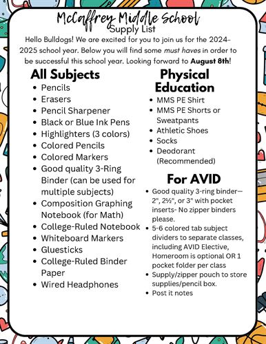 McCaffrey Middle School 2024-25 Supply List - English