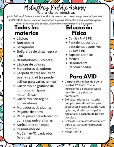 McCaffrey Middle School 2024-25 Supply List - Spanish